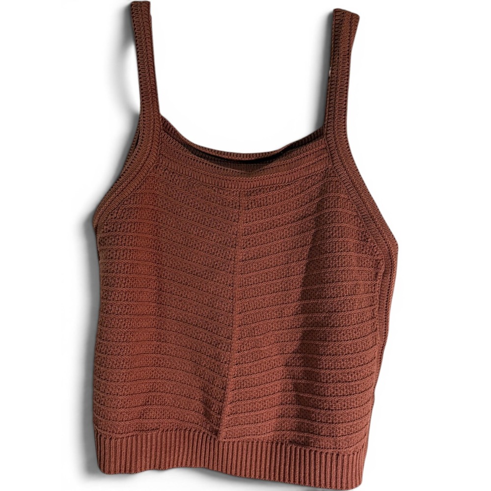 Marled Tank Womens XL Brown Cropped Knit Square Neck Crochet Strap Stretch